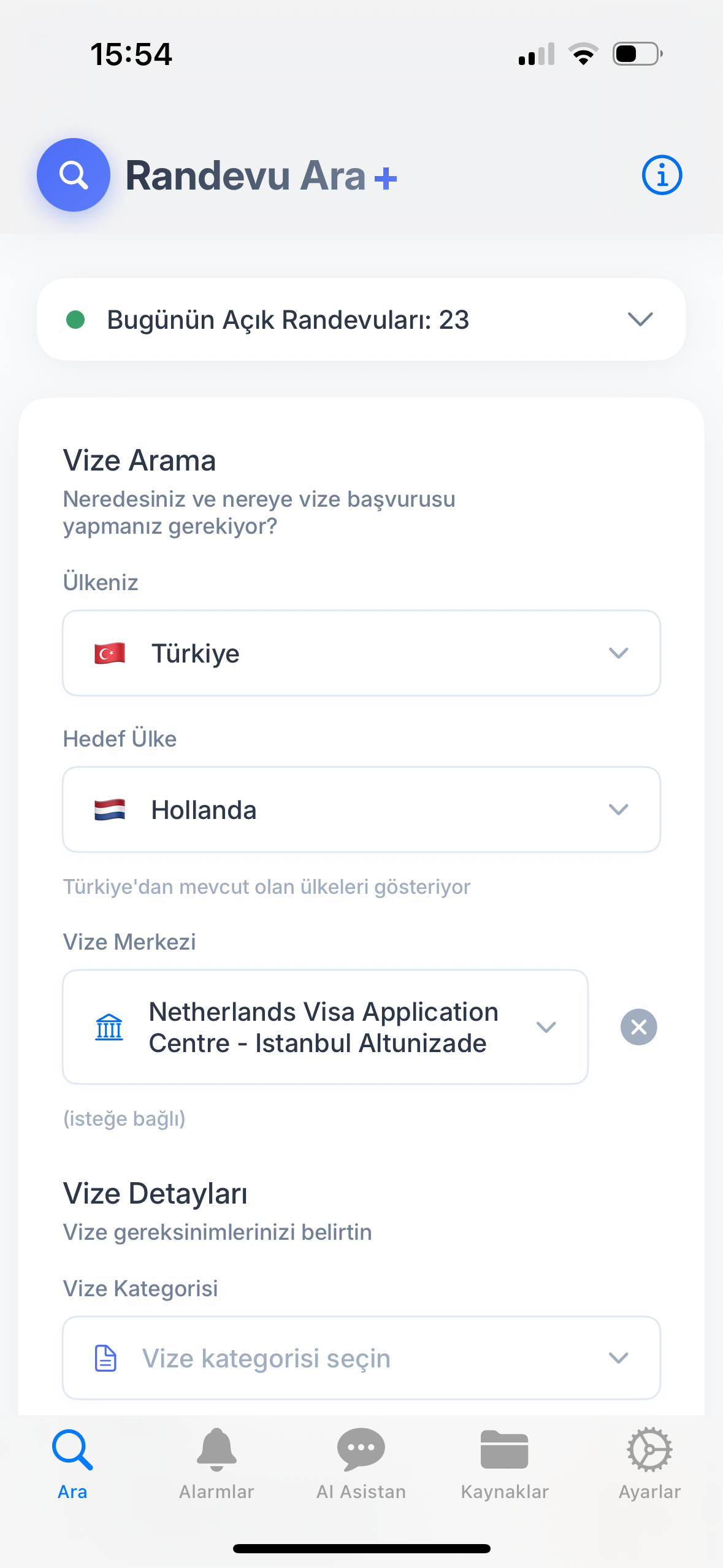 Visa appointment search interface